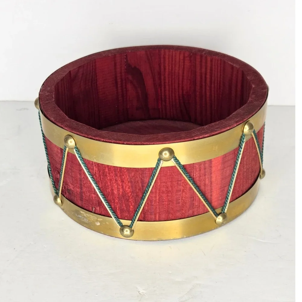 Vintage Wooden Nutcracker Drum Bowl Red Brass Gold Tassel Christmas Decor Vase